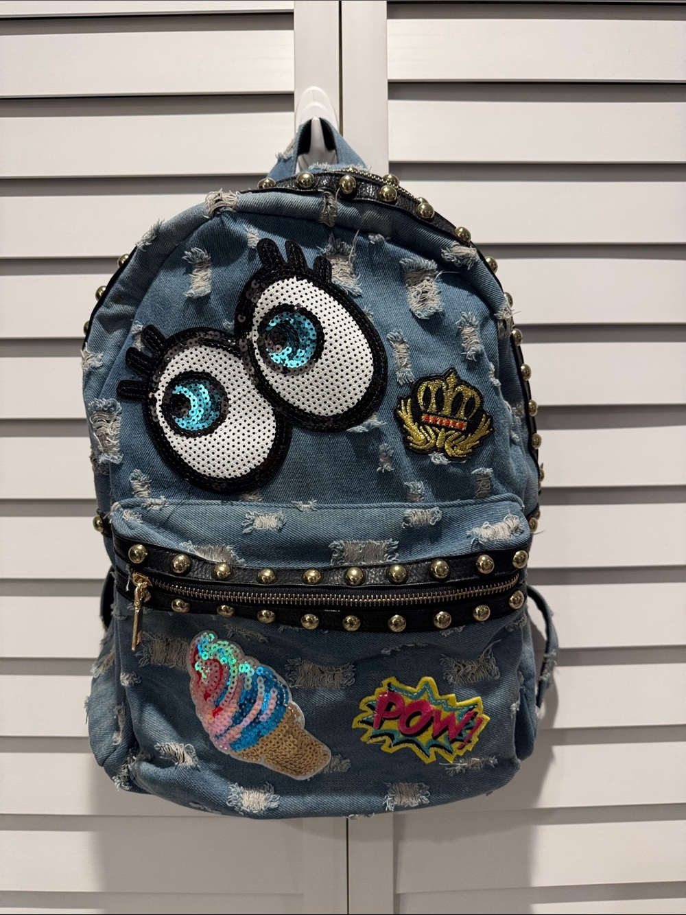 Bam Forever Denim Patch Sequined Eyes Studs Backpack - Light Blue